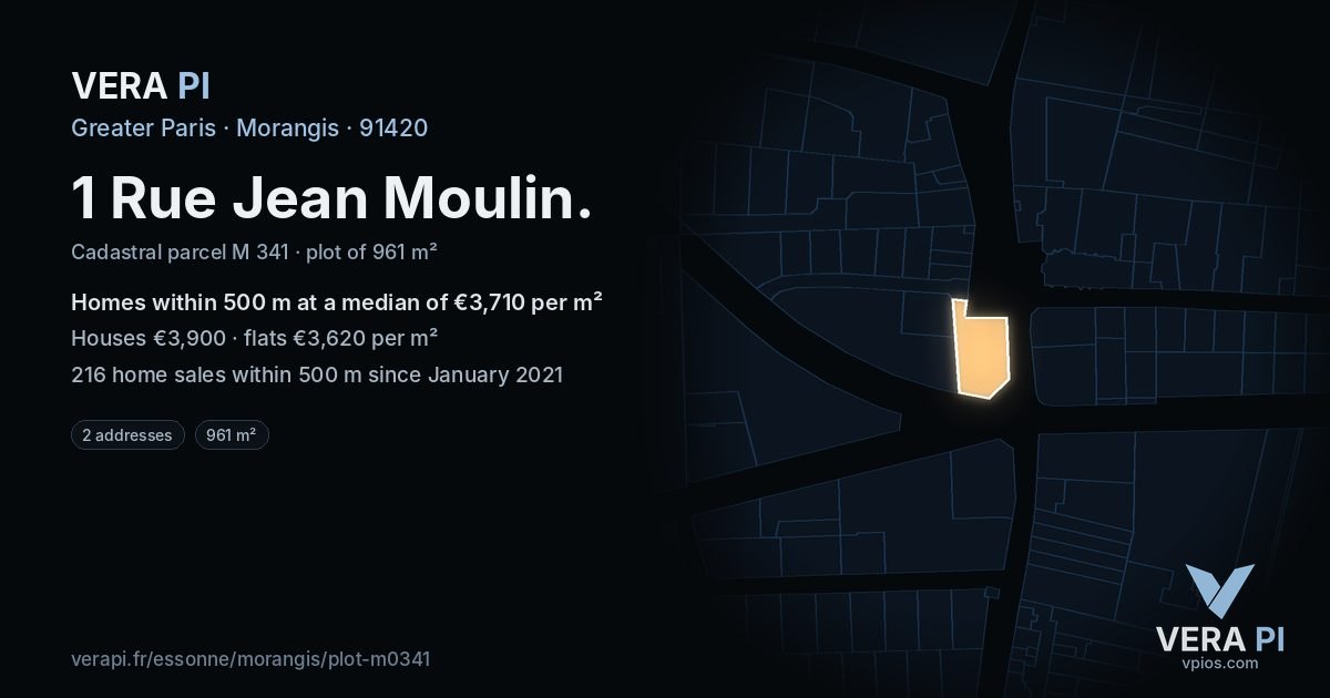 1 Rue Jean Moulin, Morangis at night – the plot lit, the parcels around coloured by the prices near them