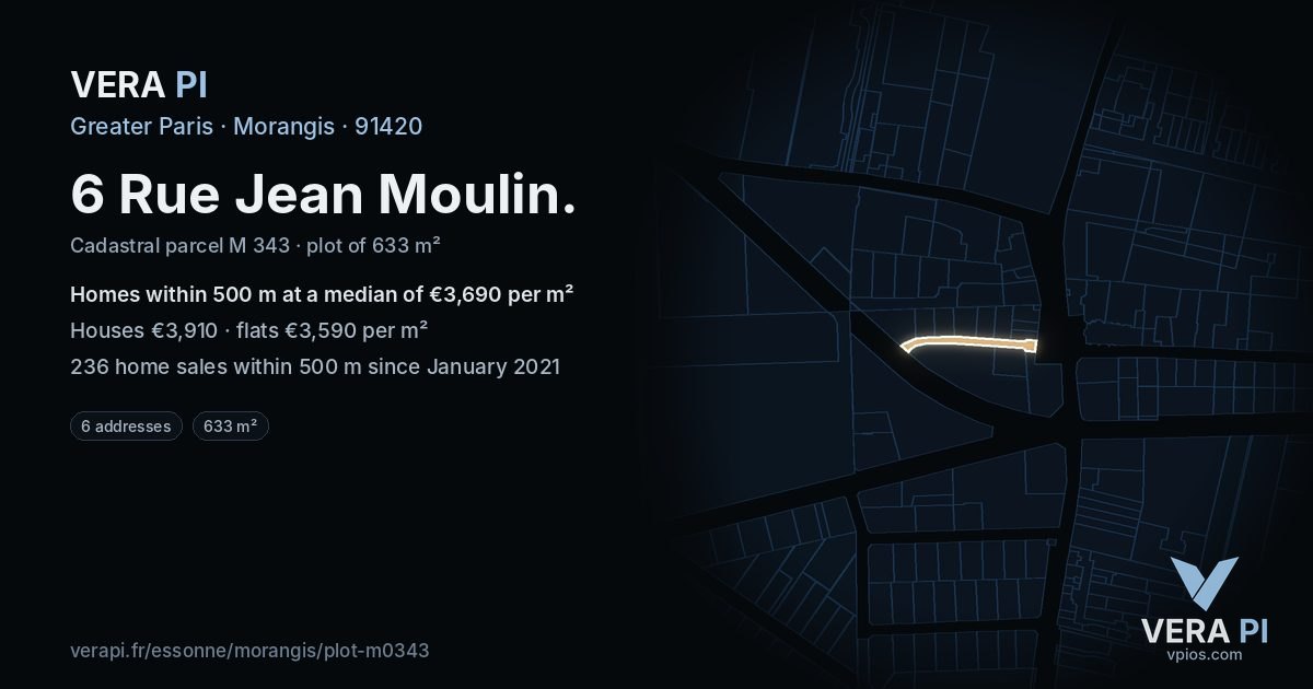 6 Rue Jean Moulin, Morangis at night – the plot lit, the parcels around coloured by the prices near them