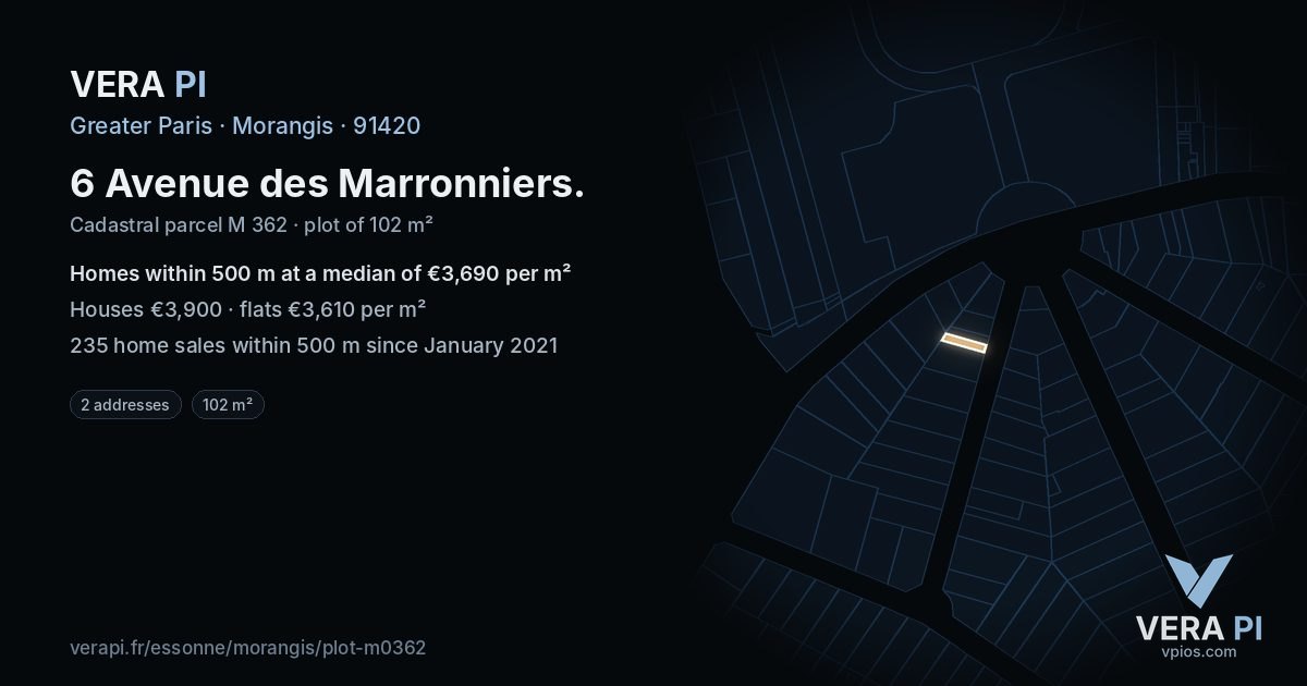6 Avenue des Marronniers, Morangis at night – the plot lit, the parcels around coloured by the prices near them