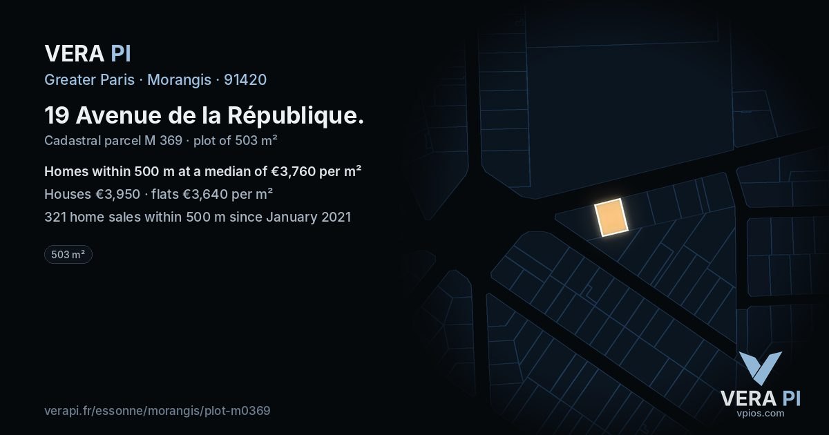 19 Avenue de la République, Morangis at night – the plot lit, the parcels around coloured by the prices near them