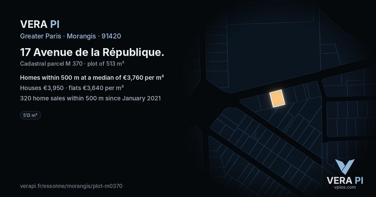 17 Avenue de la République, Morangis at night – the plot lit, the parcels around coloured by the prices near them