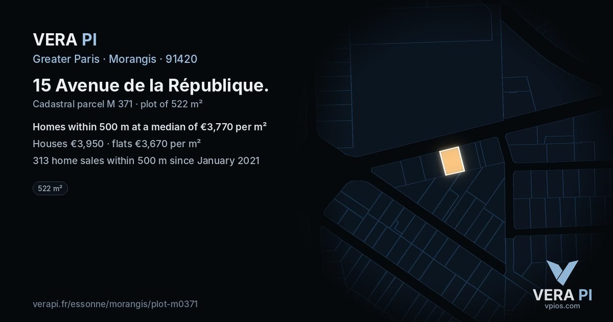 15 Avenue de la République, Morangis at night – the plot lit, the parcels around coloured by the prices near them