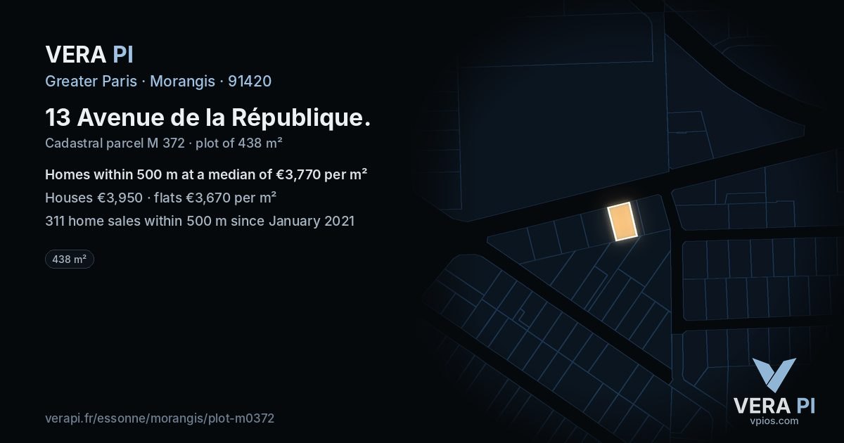 13 Avenue de la République, Morangis at night – the plot lit, the parcels around coloured by the prices near them