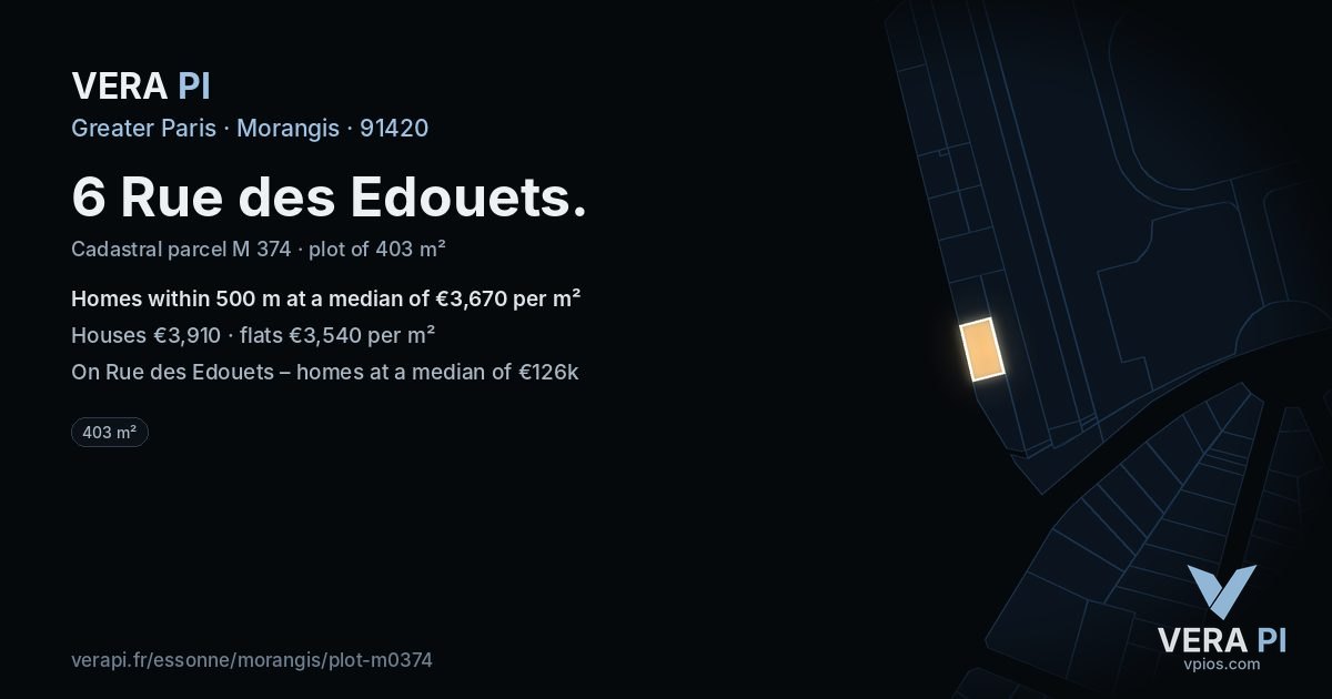 6 Rue des Edouets, Morangis at night – the plot lit, the parcels around coloured by the prices near them