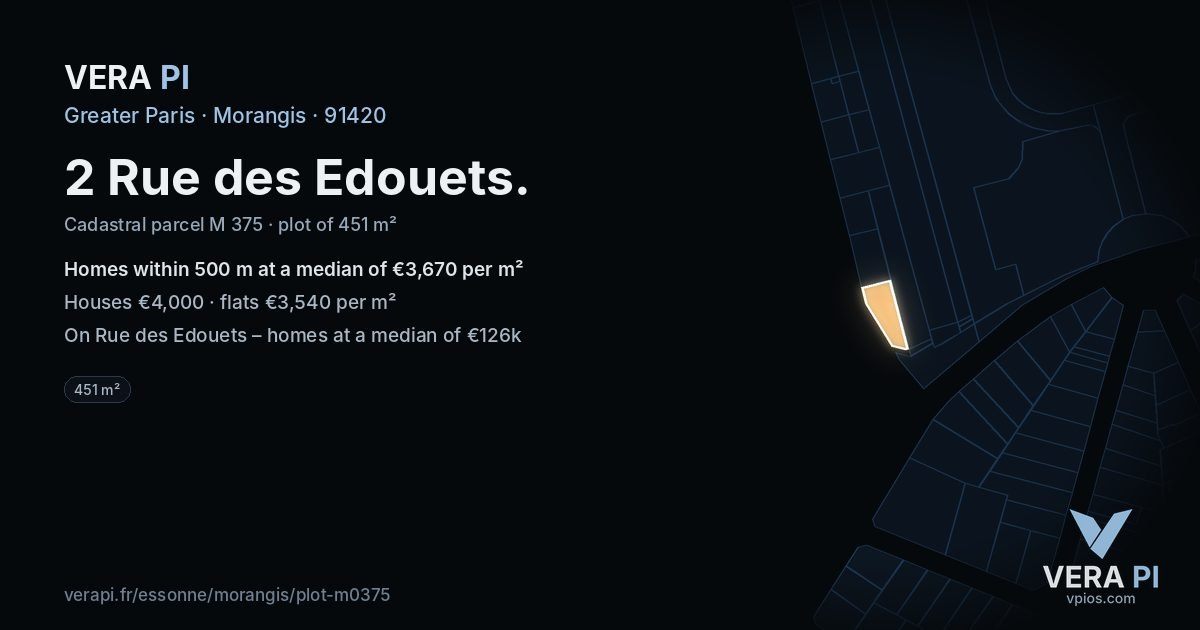 2 Rue des Edouets, Morangis at night – the plot lit, the parcels around coloured by the prices near them