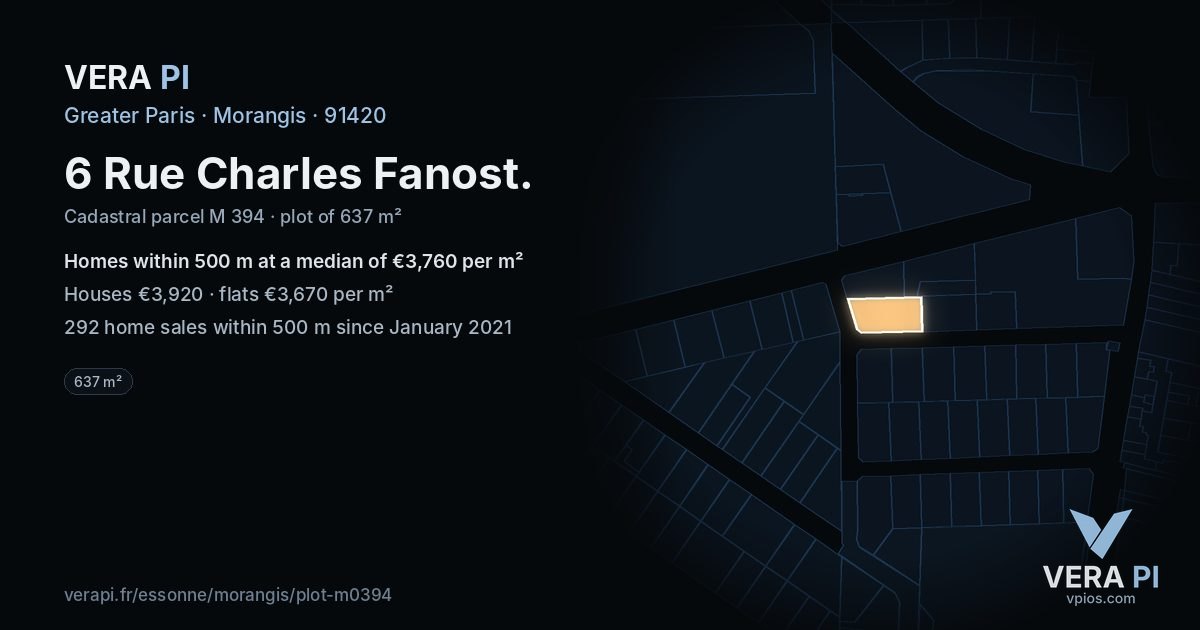 6 Rue Charles Fanost, Morangis at night – the plot lit, the parcels around coloured by the prices near them