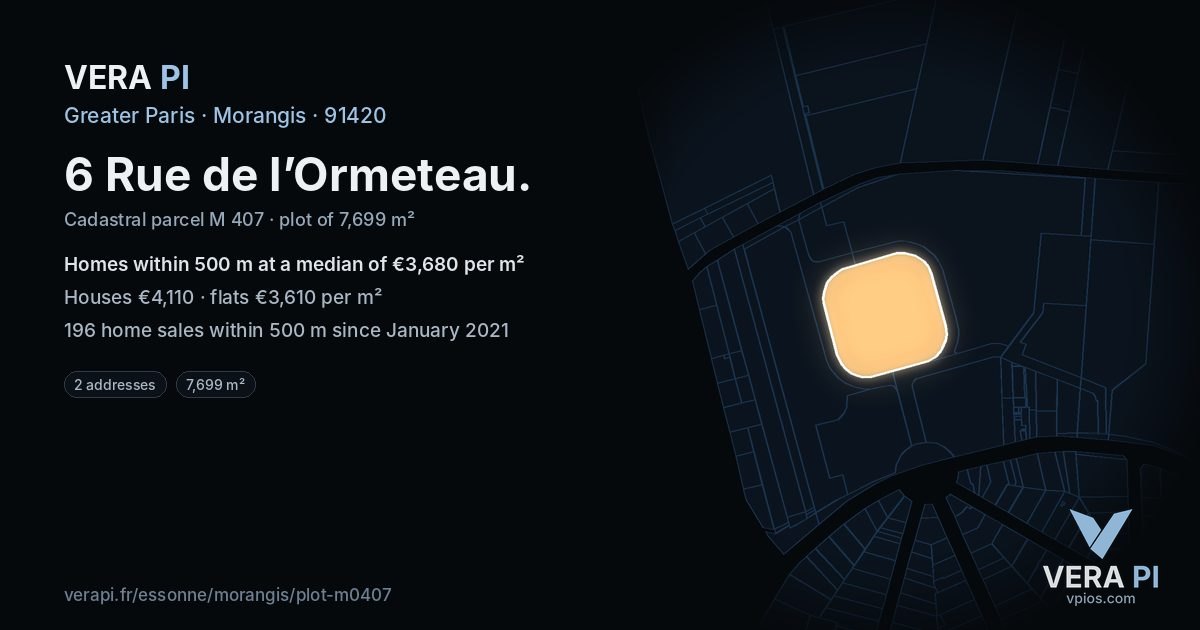 6 Rue de l’Ormeteau, Morangis at night – the plot lit, the parcels around coloured by the prices near them