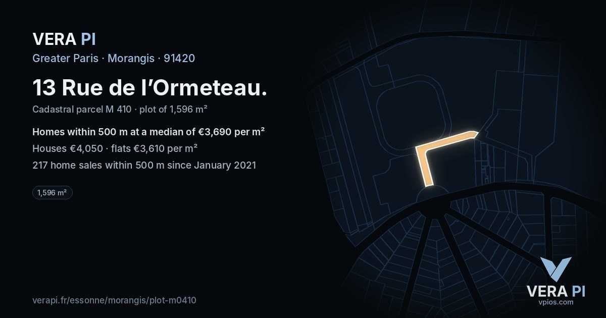 13 Rue de l’Ormeteau, Morangis at night – the plot lit, the parcels around coloured by the prices near them