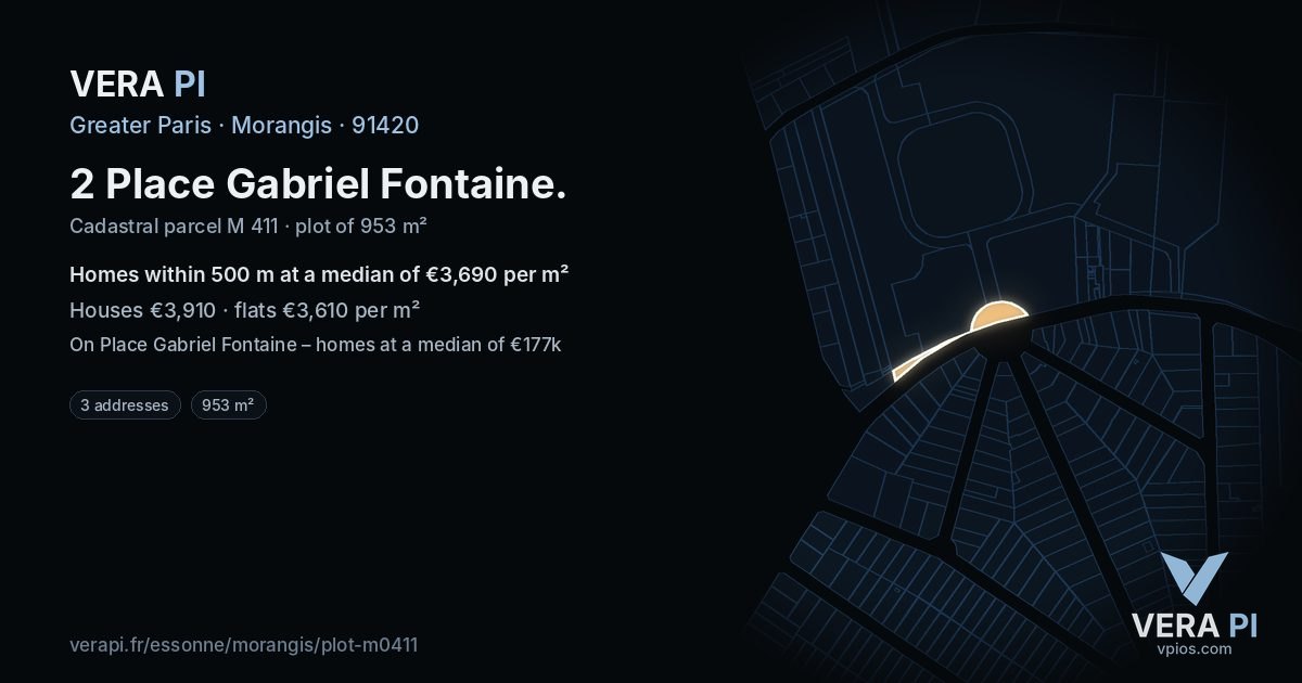 2 Place Gabriel Fontaine, Morangis at night – the plot lit, the parcels around coloured by the prices near them