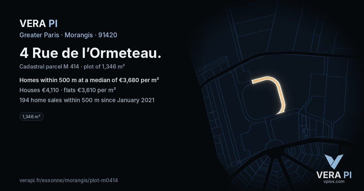 4 Rue de l’Ormeteau, Morangis at night – the plot lit, the parcels around coloured by the prices near them