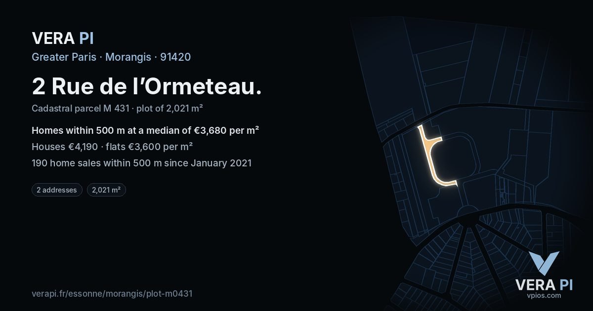 2 Rue de l’Ormeteau, Morangis at night – the plot lit, the parcels around coloured by the prices near them