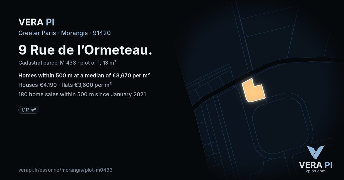 9 Rue de l’Ormeteau, Morangis at night – the plot lit, the parcels around coloured by the prices near them