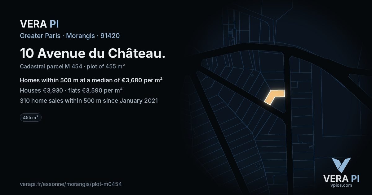 10 Avenue du Château, Morangis at night – the plot lit, the parcels around coloured by the prices near them