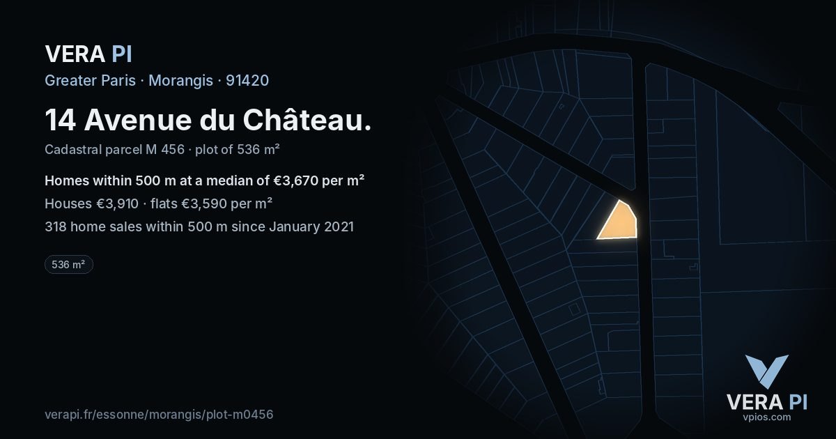 14 Avenue du Château, Morangis at night – the plot lit, the parcels around coloured by the prices near them