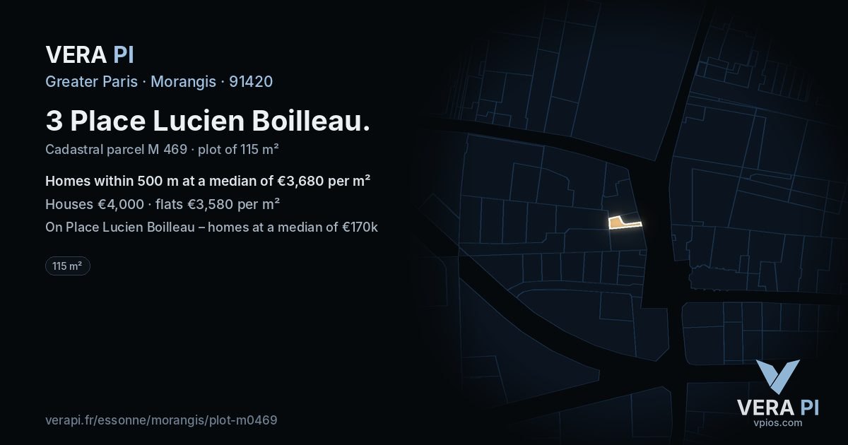 3 Place Lucien Boilleau, Morangis at night – the plot lit, the parcels around coloured by the prices near them