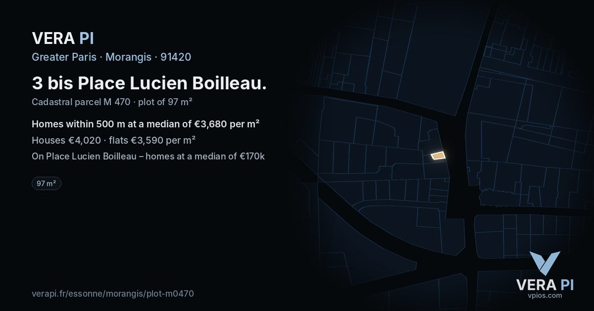 3 bis Place Lucien Boilleau, Morangis at night – the plot lit, the parcels around coloured by the prices near them
