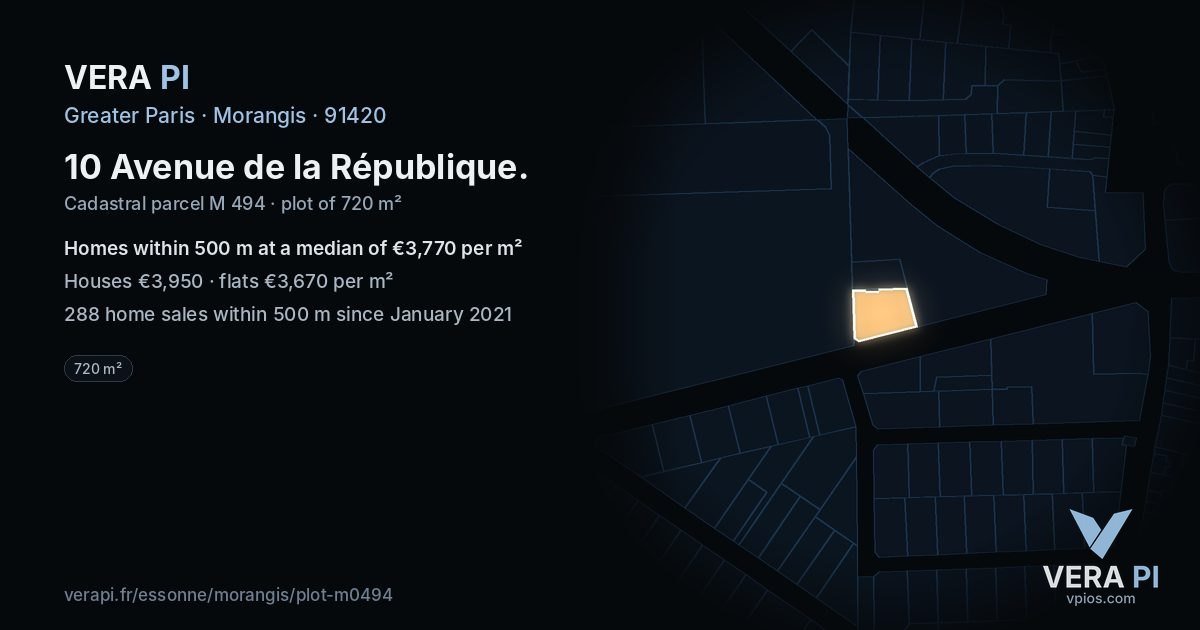 10 Avenue de la République, Morangis at night – the plot lit, the parcels around coloured by the prices near them