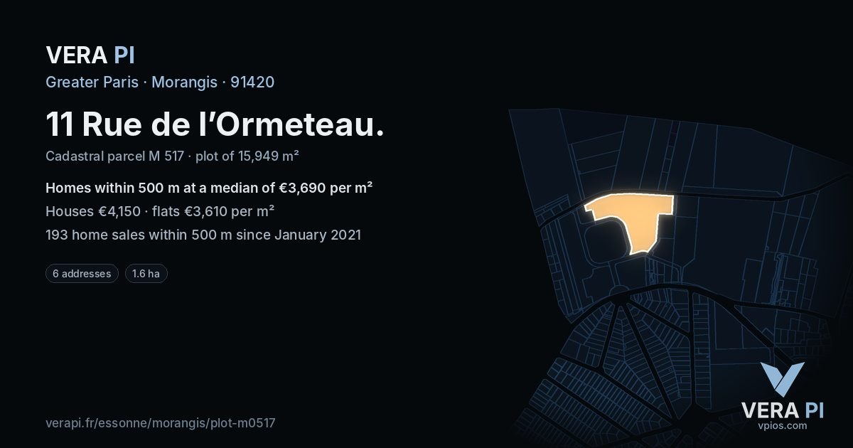 11 Rue de l’Ormeteau, Morangis at night – the plot lit, the parcels around coloured by the prices near them