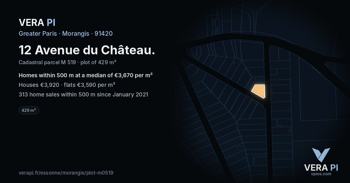 12 Avenue du Château, Morangis at night – the plot lit, the parcels around coloured by the prices near them