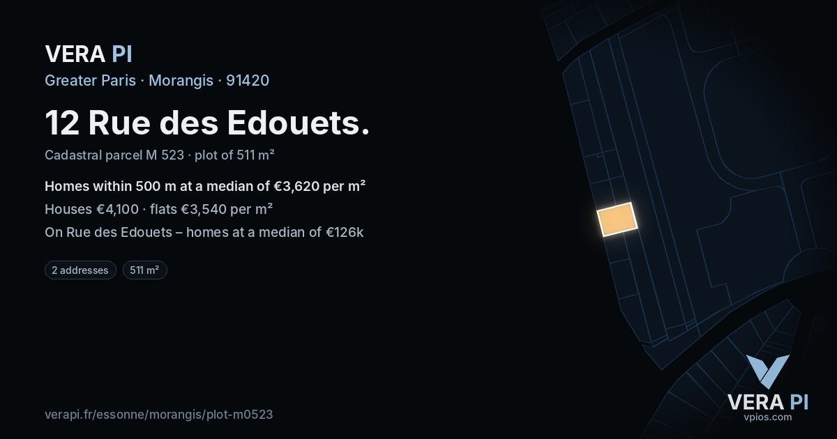 12 Rue des Edouets, Morangis at night – the plot lit, the parcels around coloured by the prices near them