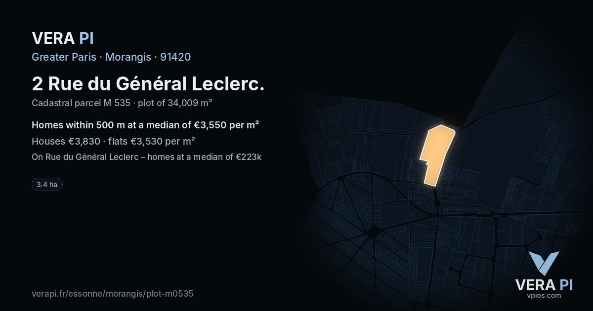 2 Rue du Général Leclerc, Morangis at night – the plot lit, the parcels around coloured by the prices near them
