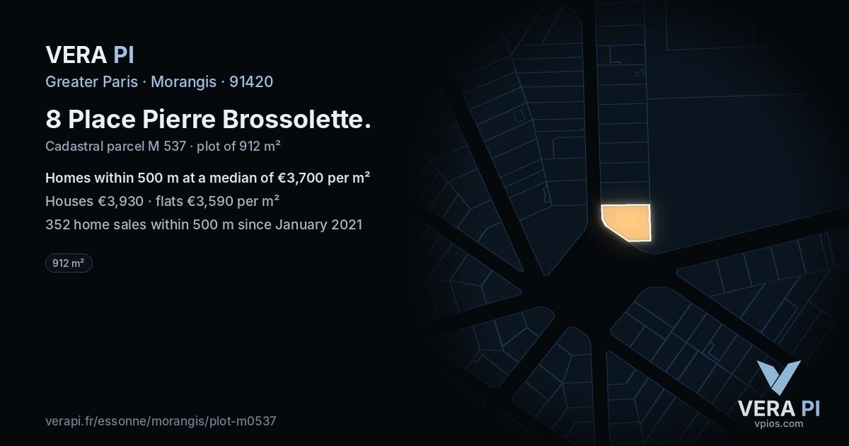 8 Place Pierre Brossolette, Morangis at night – the plot lit, the parcels around coloured by the prices near them