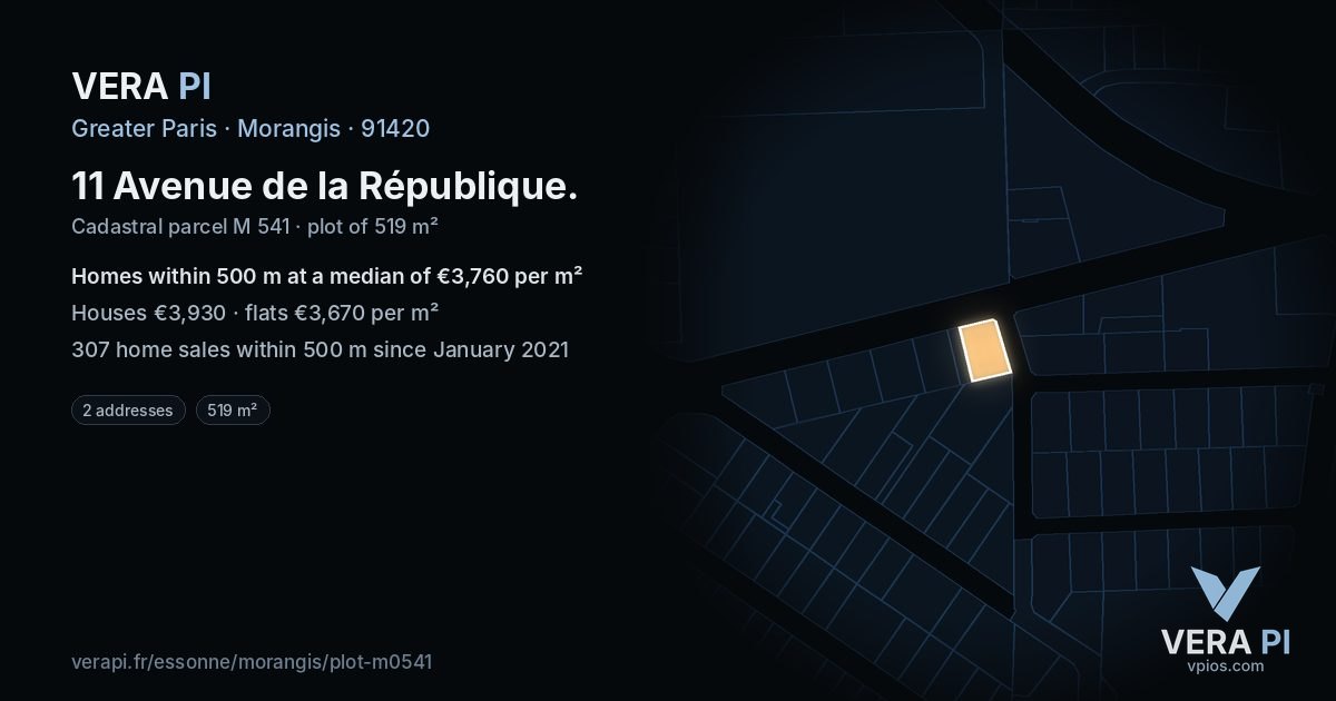 11 Avenue de la République, Morangis at night – the plot lit, the parcels around coloured by the prices near them