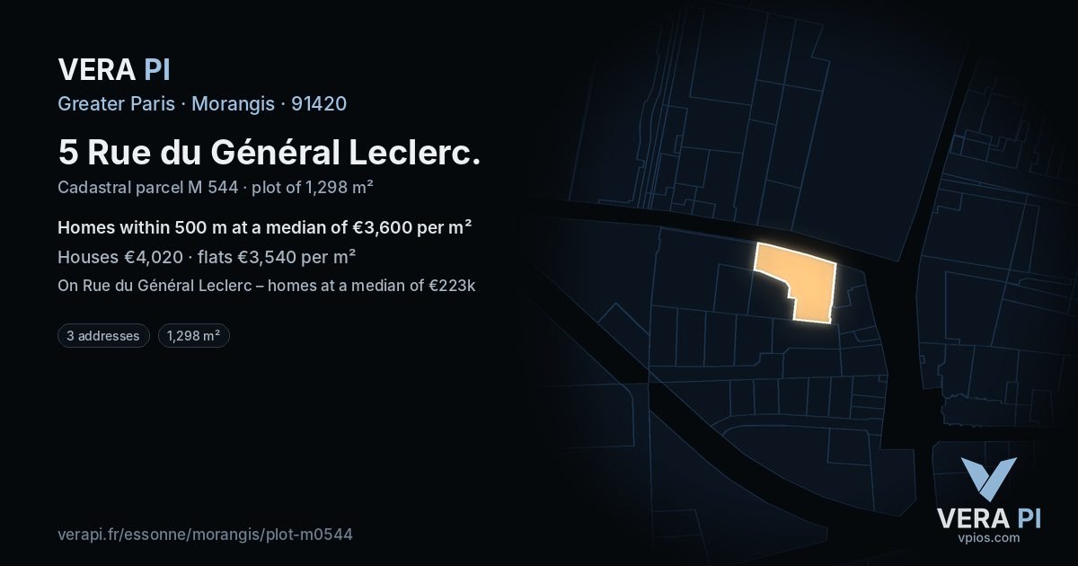 5 Rue du Général Leclerc, Morangis at night – the plot lit, the parcels around coloured by the prices near them