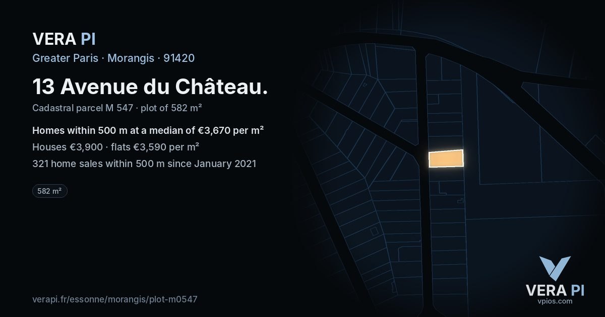 13 Avenue du Château, Morangis at night – the plot lit, the parcels around coloured by the prices near them