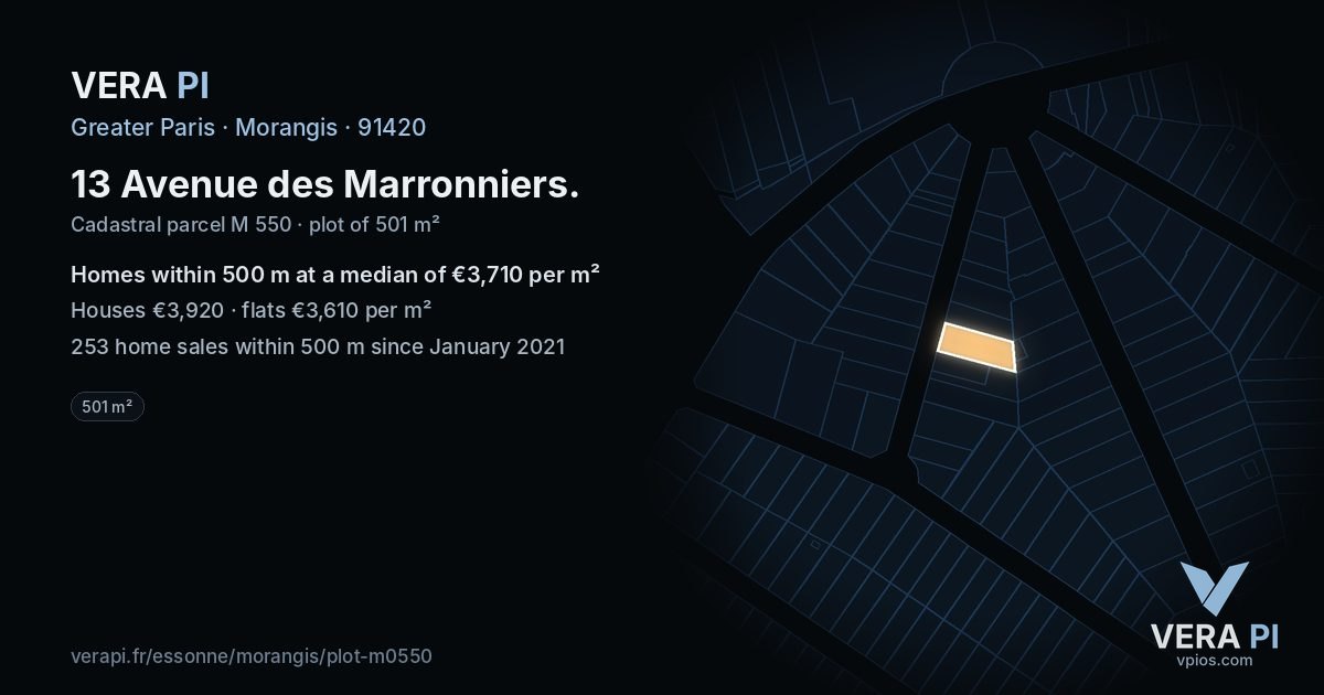 13 Avenue des Marronniers, Morangis at night – the plot lit, the parcels around coloured by the prices near them