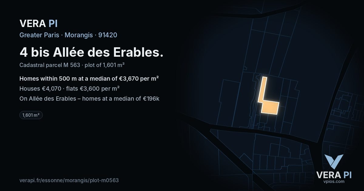 4 bis Allée des Erables, Morangis at night – the plot lit, the parcels around coloured by the prices near them