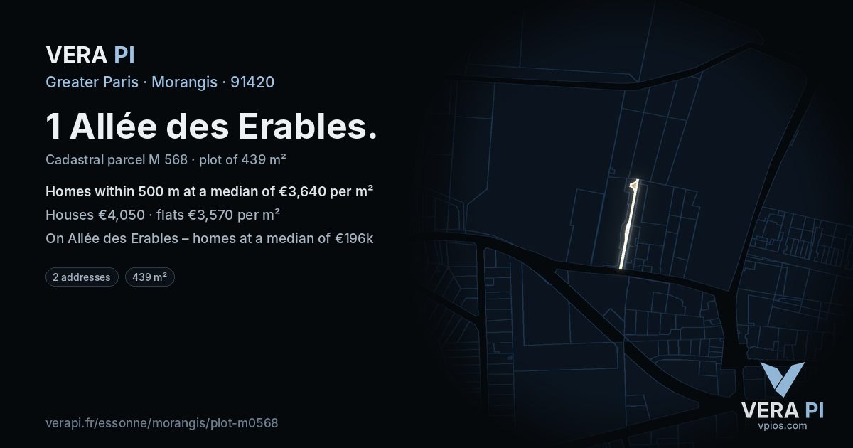 1 Allée des Erables, Morangis at night – the plot lit, the parcels around coloured by the prices near them