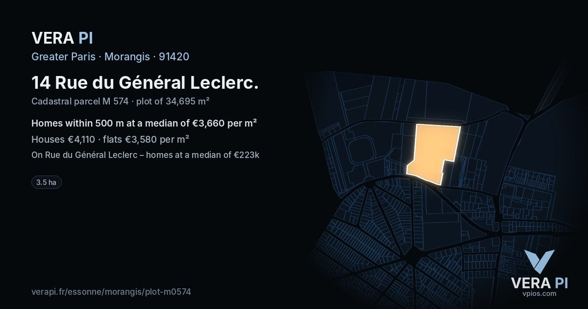 14 Rue du Général Leclerc, Morangis at night – the plot lit, the parcels around coloured by the prices near them