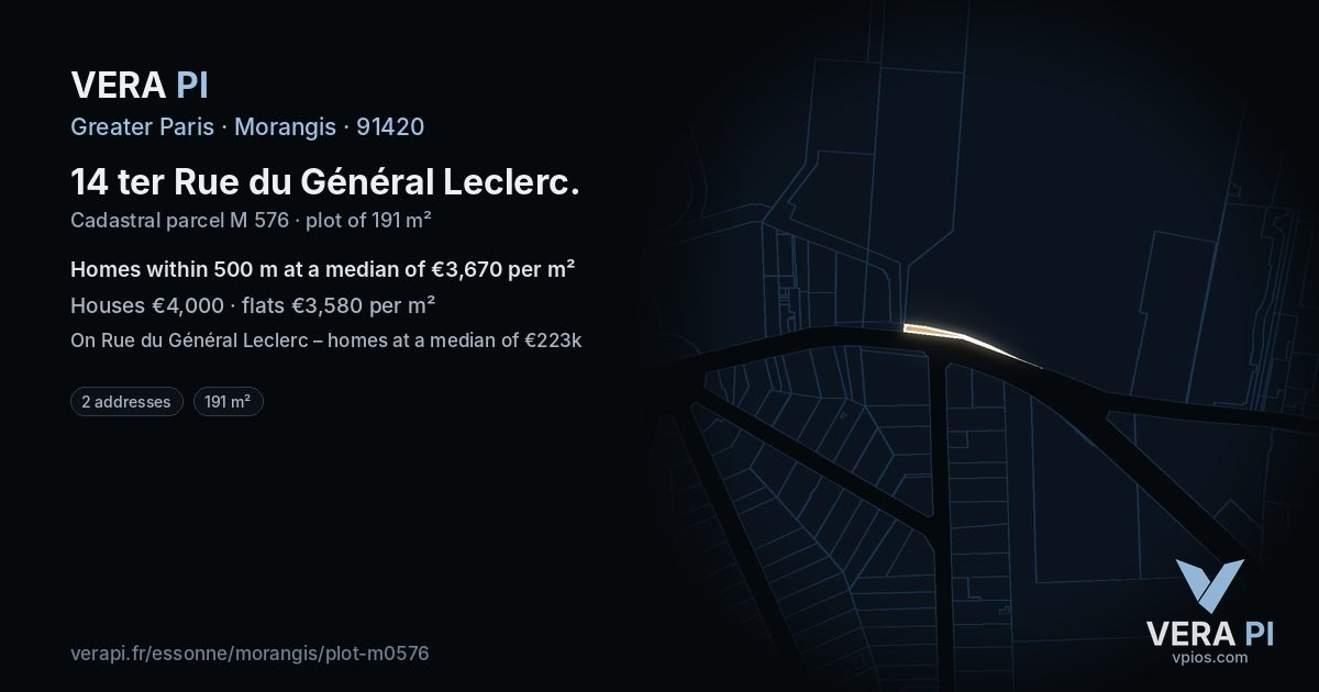 14 ter Rue du Général Leclerc, Morangis at night – the plot lit, the parcels around coloured by the prices near them