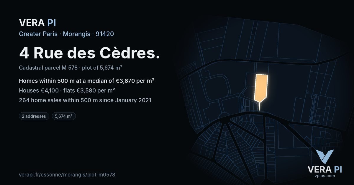 4 Rue des Cèdres, Morangis at night – the plot lit, the parcels around coloured by the prices near them