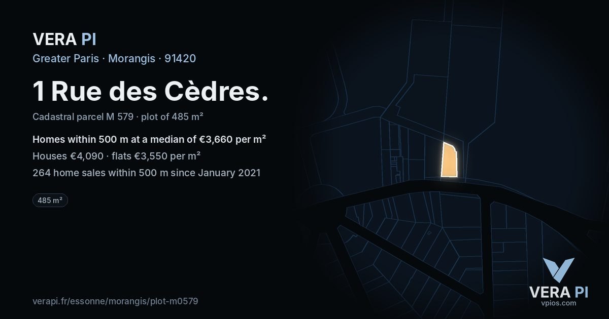 1 Rue des Cèdres, Morangis at night – the plot lit, the parcels around coloured by the prices near them