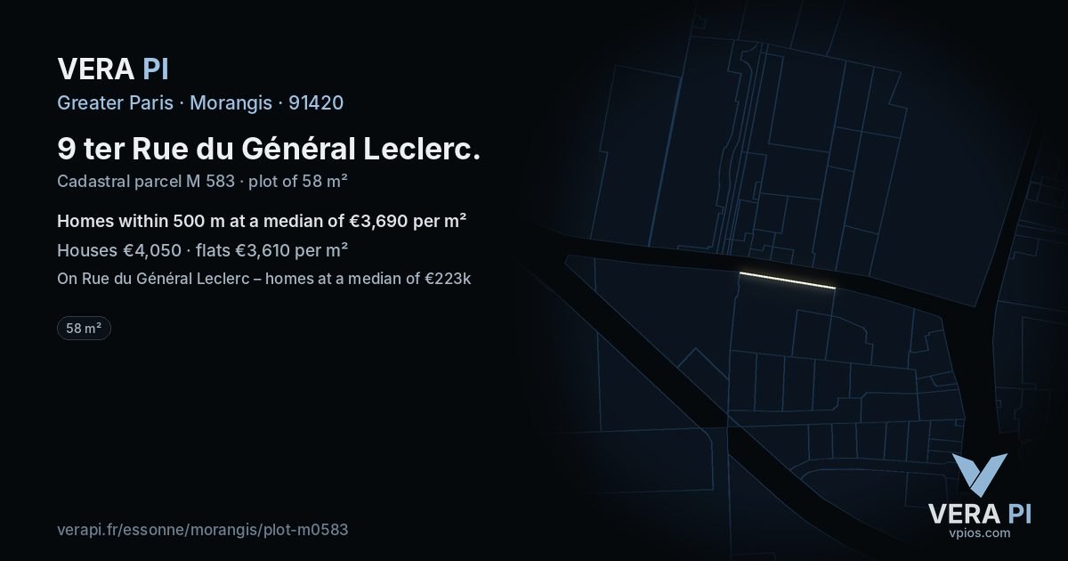 9 ter Rue du Général Leclerc, Morangis at night – the plot lit, the parcels around coloured by the prices near them