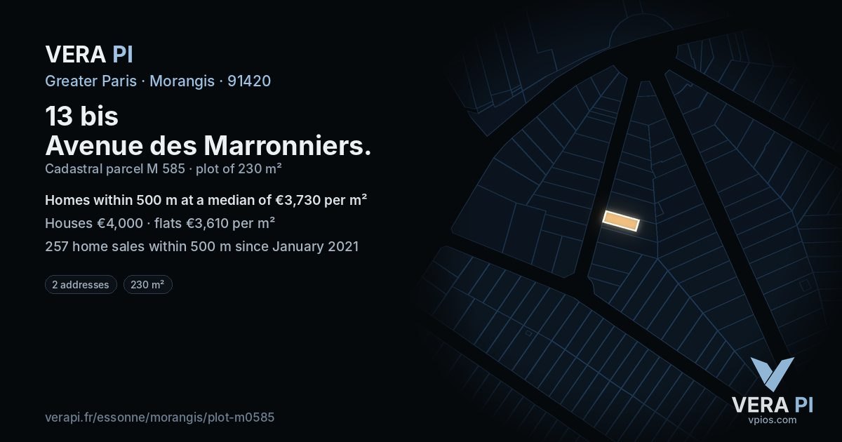 13 bis Avenue des Marronniers, Morangis at night – the plot lit, the parcels around coloured by the prices near them