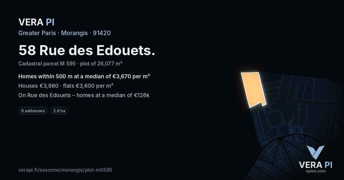 58 Rue des Edouets, Morangis at night – the plot lit, the parcels around coloured by the prices near them
