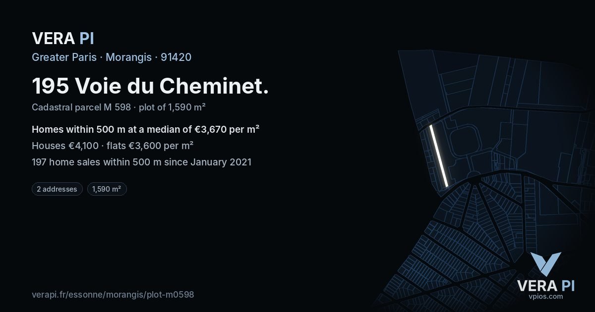 195 Voie du Cheminet, Morangis at night – the plot lit, the parcels around coloured by the prices near them