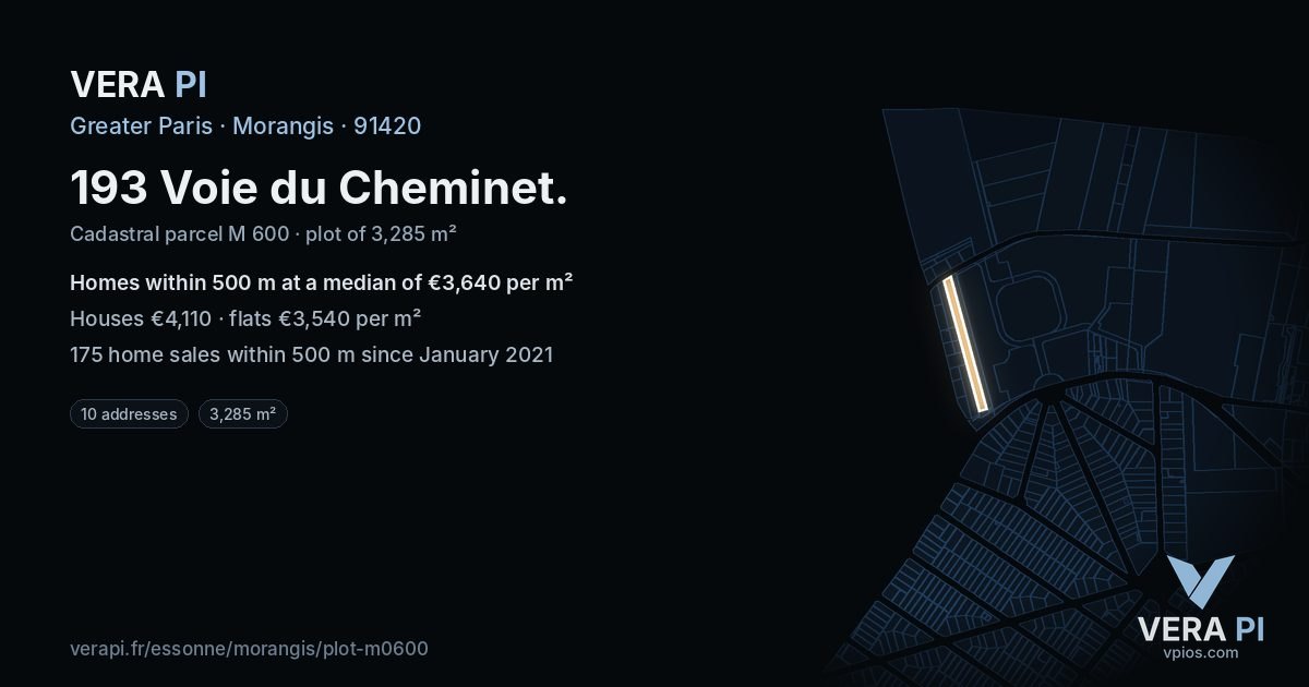 193 Voie du Cheminet, Morangis at night – the plot lit, the parcels around coloured by the prices near them
