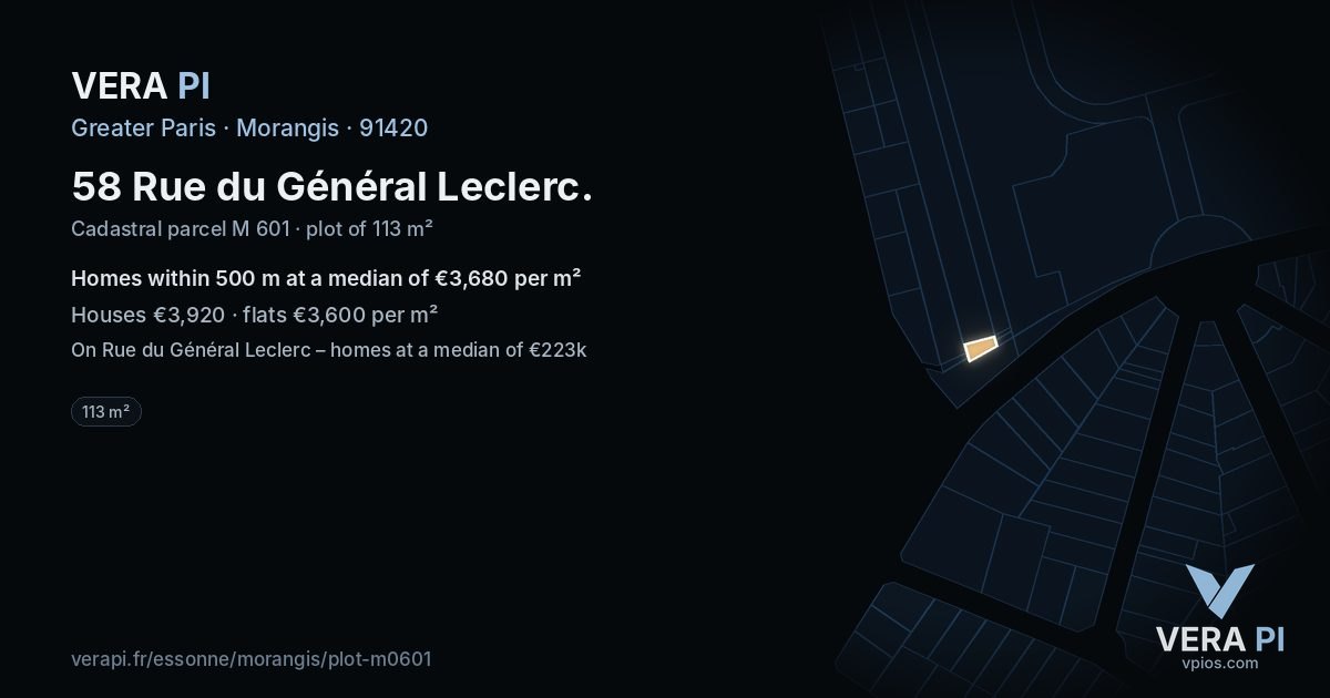58 Rue du Général Leclerc, Morangis at night – the plot lit, the parcels around coloured by the prices near them