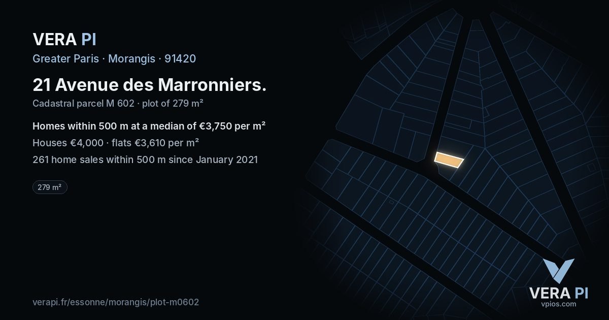 21 Avenue des Marronniers, Morangis at night – the plot lit, the parcels around coloured by the prices near them