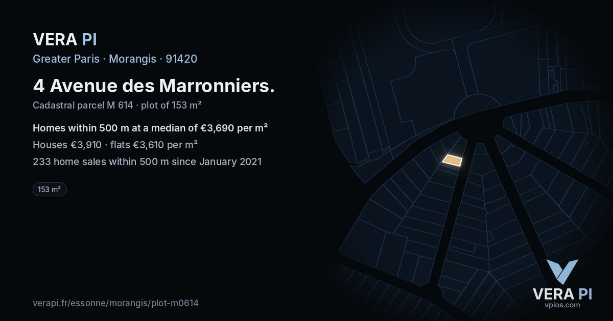 4 Avenue des Marronniers, Morangis at night – the plot lit, the parcels around coloured by the prices near them