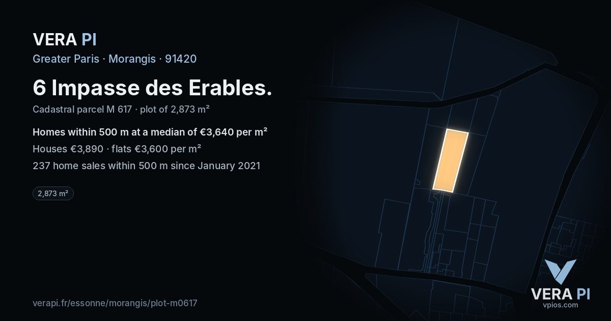 6 Impasse des Erables, Morangis at night – the plot lit, the parcels around coloured by the prices near them