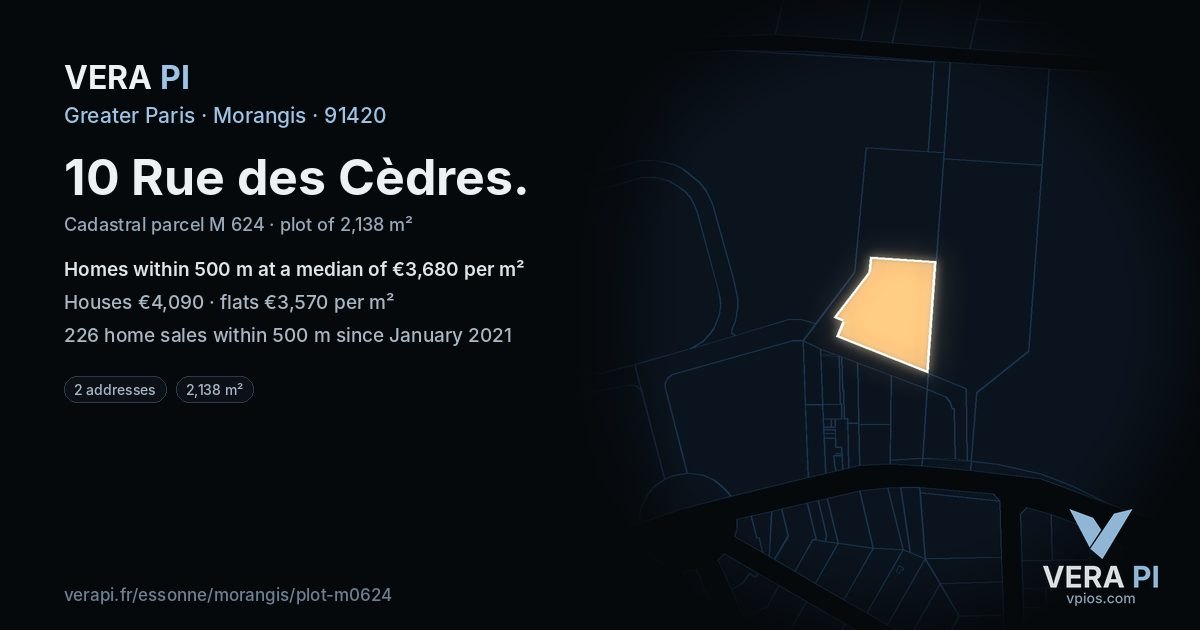 10 Rue des Cèdres, Morangis at night – the plot lit, the parcels around coloured by the prices near them
