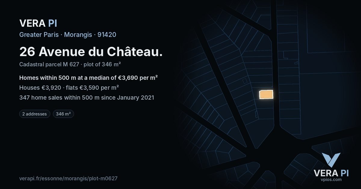 26 Avenue du Château, Morangis at night – the plot lit, the parcels around coloured by the prices near them