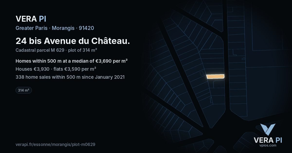 24 bis Avenue du Château, Morangis at night – the plot lit, the parcels around coloured by the prices near them