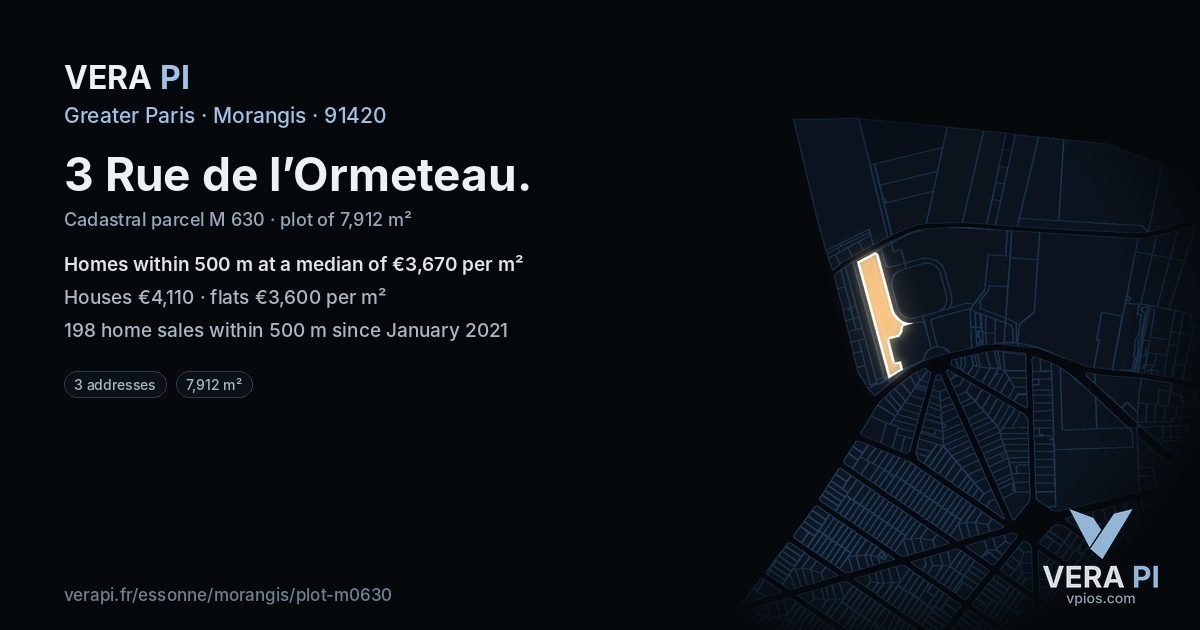 3 Rue de l’Ormeteau, Morangis at night – the plot lit, the parcels around coloured by the prices near them