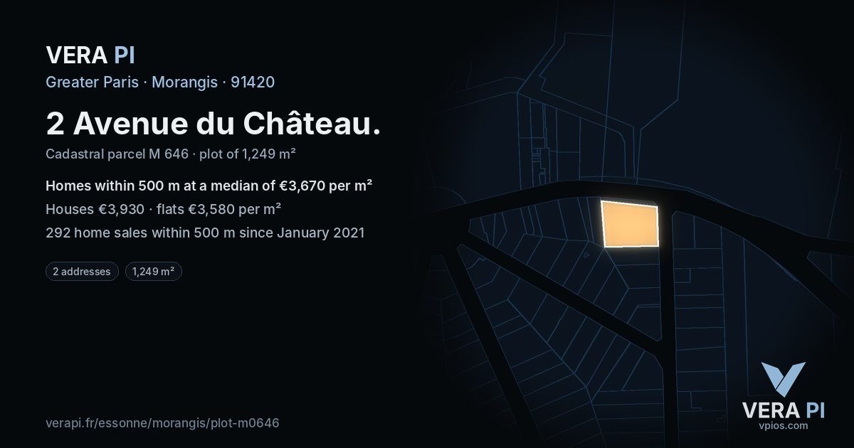 2 Avenue du Château, Morangis at night – the plot lit, the parcels around coloured by the prices near them